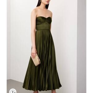 Amur Olive Green Strapless Satin Midi Dress SIZE 4 Cocktail Corset Pleated $600